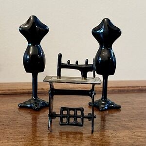 Dollhouse Miniature Two Black Metal Mannequin Dress Forms And Sewing Machine